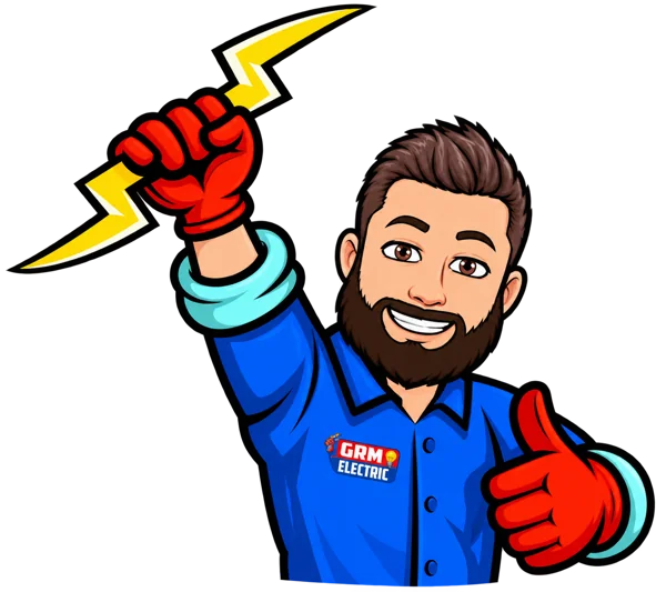 GRM Electric mascot holding a lightning bolt and giving a thumbs up